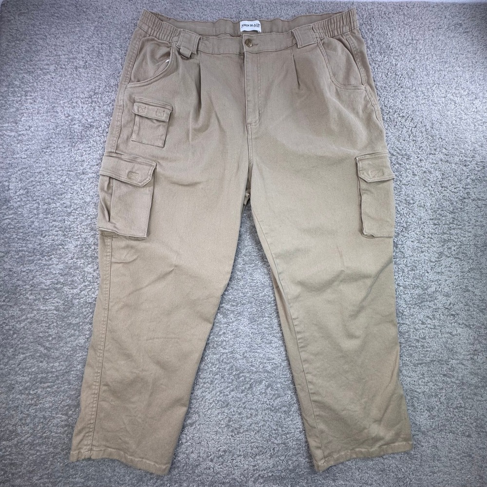 John Blair‎ Mens 42x28 Cargo Pants Tan Khaki Pleated Elastic Waist Stretch